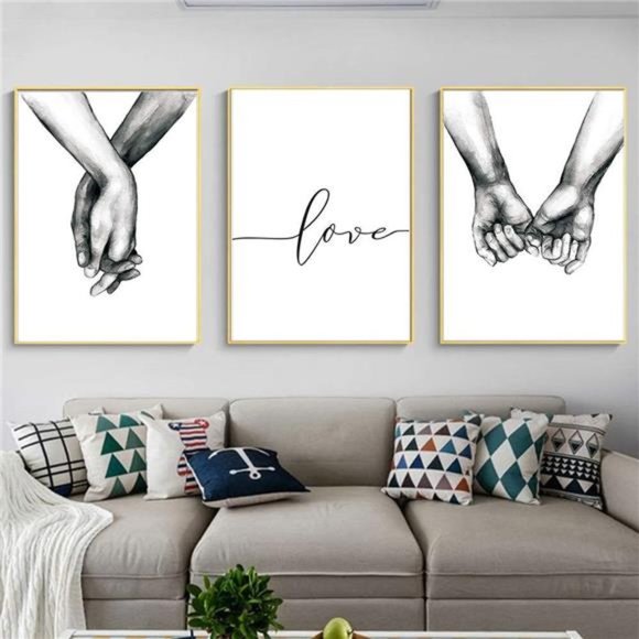 Love and Hand in Hand Wall Art Canvas Print Poster,Simple Fashion Black & White - Picture 1 of 5